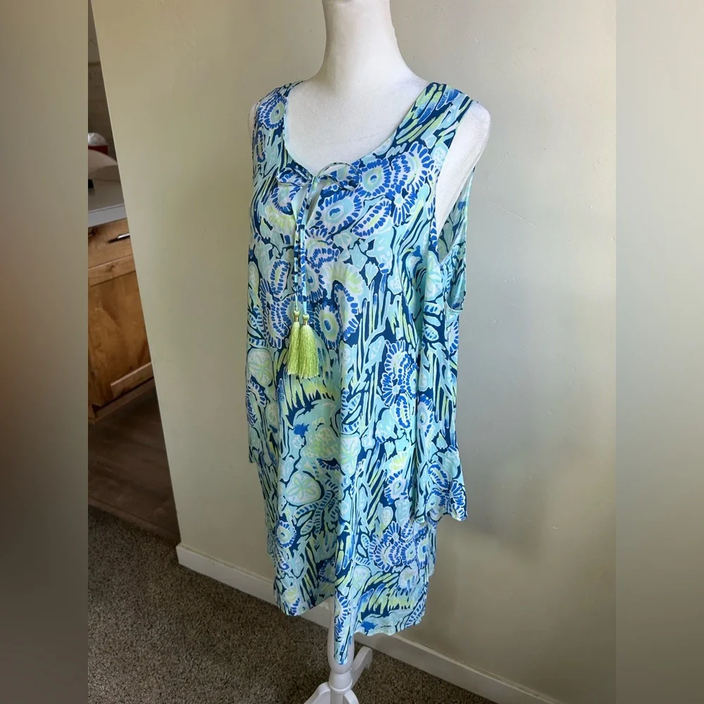 Lilly Pulitzer Cold Shoulder Dress Sz Small Tasseled Airy Blue Green EUC - Picture 12 of 12